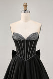 Black A-Line Strapless Beaded Short Homecoming Dress with Bow