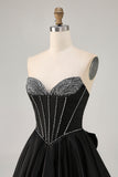 Black A-Line Strapless Beaded Short Homecoming Dress with Bow