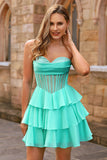 A Line Strapless Sheer Corset Short Homecoming Dress with Beading