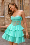 A Line Strapless Sheer Corset Short Homecoming Dress with Beading