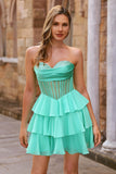 A Line Strapless Sheer Corset Short Homecoming Dress with Beading