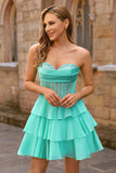 A Line Strapless Sheer Corset Short Homecoming Dress with Beading