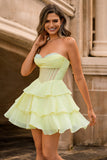 Yellow A-Line Strapless Tiered Corset Homecoming Dress with Beading