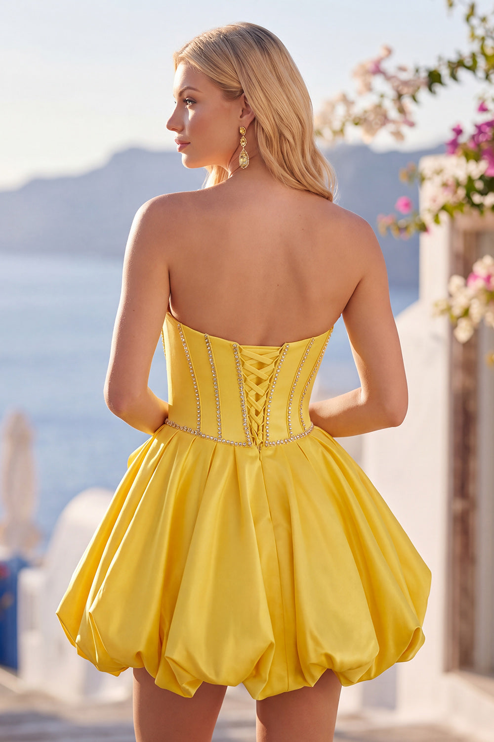 Zapaka Women Pink Strapless Satin Homecoming Dress with Rhinestones A Line Sweetheart Corset Short Prom Dress, Yellow / US8