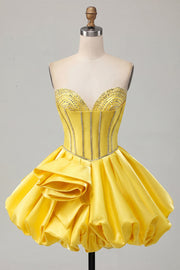 Yellow Bodycon Sweetheart Satin Beaded Corset Homecoming Dress with 3D Flower