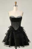 Black Strapless Corset Tiered A Line Short Homecoming Dress with Beading
