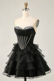 Tiered Beaded A Line Strapless Short Pink Homecoming Dress