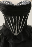 Black Strapless Corset Tiered A Line Short Homecoming Dress with Beading