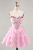 Tiered Beaded A Line Strapless Short Pink Homecoming Dress
