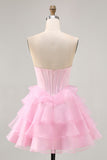 Tiered Beaded A Line Strapless Short Pink Homecoming Dress