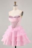 Tiered Beaded A Line Strapless Short Pink Homecoming Dress