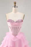 Tiered Beaded A Line Strapless Short Pink Homecoming Dress