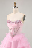 Tiered Beaded A Line Strapless Short Pink Homecoming Dress