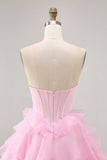 Tiered Beaded A Line Strapless Short Pink Homecoming Dress