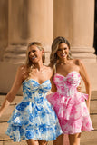 White Blue Floral Corset A-line Strapless Tiered Homecoming Dress
