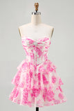 A-line Strapless Corset Tiered Floral Short Homecoming Dress