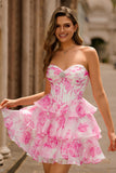 White Blue Floral Corset A-line Strapless Tiered Homecoming Dress