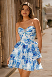 A-line Strapless Corset Tiered Floral Short Homecoming Dress