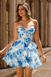 A-line Strapless Corset Tiered Floral Short Homecoming Dress