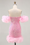 Sparkly Off The Shoulder Pink Sequins Tight Homecoming Dress