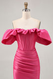 Satin Off The Shoulder Fuchsia Ruffled Tight Homecoming Dress