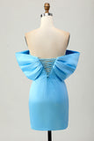 Blue Off the Shoulder Ruched Tight Homecoming Dress