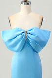 Blue Strapless Ruched Tight Homecoming Dress with Lace-up Back