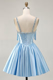 Satin Blue Beaded Corset A Line Homecoming Dress with Bows