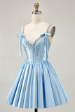 Fuchsia A-Line Corset Satin Homecoming Dress with Rhinestones