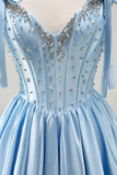 Fuchsia A-Line Corset Satin Homecoming Dress with Rhinestones