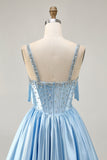 Satin Blue Beaded Corset A Line Homecoming Dress with Bows