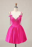 Fuchsia A-Line Corset Satin Homecoming Dress with Rhinestones