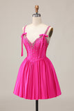 Satin Blue Beaded Corset A Line Homecoming Dress with Bows