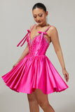 Fuchsia A-Line Corset Satin Homecoming Dress with Rhinestones