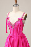 Fuchsia A-Line Corset Satin Homecoming Dress with Rhinestones
