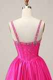 Fuchsia A-Line Corset Satin Homecoming Dress with Rhinestones