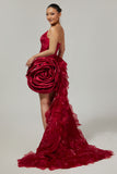 Strapless Ruffled Short Burgundy Homecoming Dress with 3D Flower