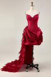 Strapless Ruffled Short Burgundy Homecoming Dress with 3D Flower