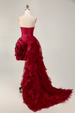 Strapless Ruffled Short Burgundy Homecoming Dress with 3D Flower