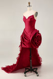 Strapless Ruffled Short Burgundy Homecoming Dress with 3D Flower