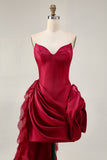Strapless Ruffled Short Burgundy Homecoming Dress with 3D Flower