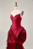 Strapless Ruffled Short Burgundy Homecoming Dress with 3D Flower