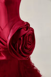 Strapless Ruffled Short Burgundy Homecoming Dress with 3D Flower