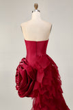 Strapless Ruffled Short Burgundy Homecoming Dress with 3D Flower