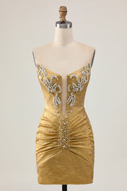 Golden Strapless Beaded Short Bodycon Homecoming Dress