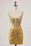 Golden Strapless Beaded Short Bodycon Homecoming Dress