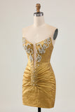 Golden Strapless Beaded Short Bodycon Homecoming Dress