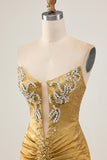 Golden Strapless Beaded Short Bodycon Homecoming Dress