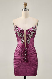 Strapless Bodycon Beaded Grape Short Homecoming Dress with Rhinestones