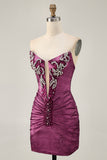 Strapless Bodycon Beaded Grape Homecoming Dress with Rhinestones